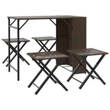 5 Piece Foldable Garden Dining Set - Brown Poly Rattan