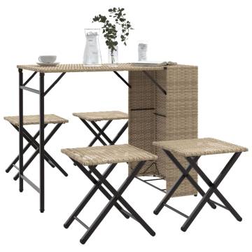 5 Piece Garden Dining Set - Foldable Beige Poly Rattan