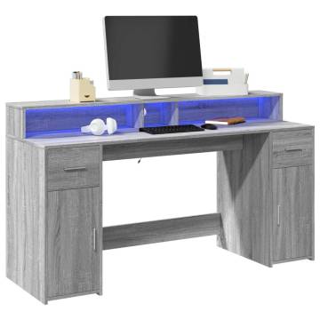 Stylish Grey Sonoma Desk with LED Lights - 160x55 cm