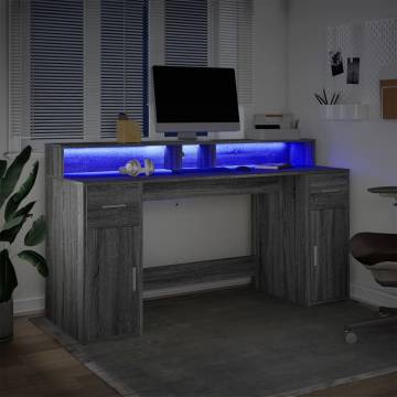 Stylish Grey Sonoma Desk with LED Lights - 160x55 cm