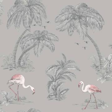 DUTCH WALLCOVERINGS Flamingo Grey Wallpaper - Tropical Style