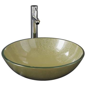 Bathroom Sink with Tap & Push Drain - Gold Tempered Glass