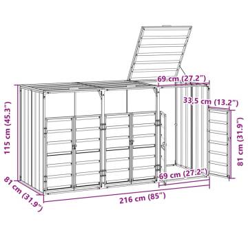 Wheelie Bin Storage for Triple Bins - Grey Steel 216x81x115 cm