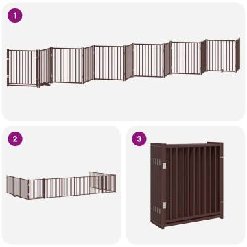 Foldable Dog Gate with Door - 12 Panels, Brown Poplar Wood