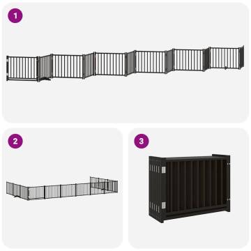 Foldable Dog Gate with Door - 12 Panels Black Poplar Wood