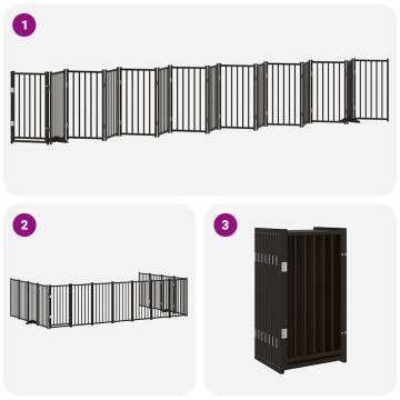 Foldable Dog Gate with Door - 15 Panels Black Poplar Wood