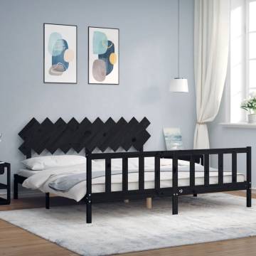 Black 200x200 cm Solid Wood Bed Frame with Headboard