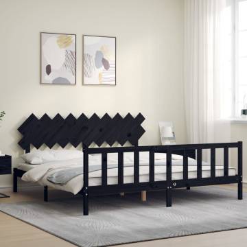 Black 200x200 cm Solid Wood Bed Frame with Headboard