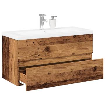 Stylish Sink Cabinet with Built-in Basin - Old Wood Finish