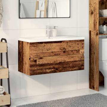 Stylish Sink Cabinet with Built-in Basin - Old Wood Finish