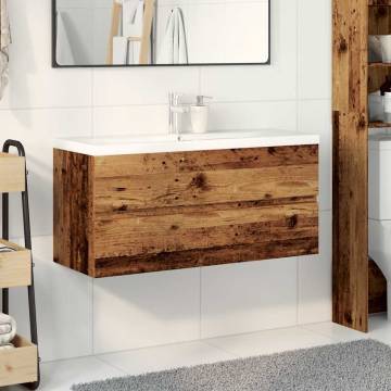 Stylish Sink Cabinet with Built-in Basin - Old Wood Finish