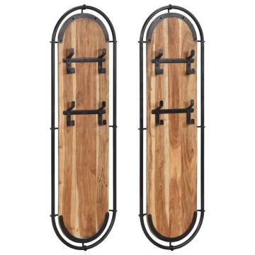 Wall-Mounted Coat Racks with 4 Hooks - 2 pcs Solid Wood Acacia