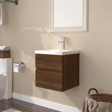 Stylish Sink Cabinet with Built-in Basin - Brown Oak Finish