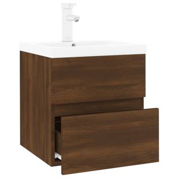 Stylish Sink Cabinet with Built-in Basin - Brown Oak Finish