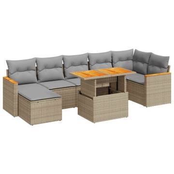 8 Piece Garden Sofa Set with Cushions - Beige Poly Rattan