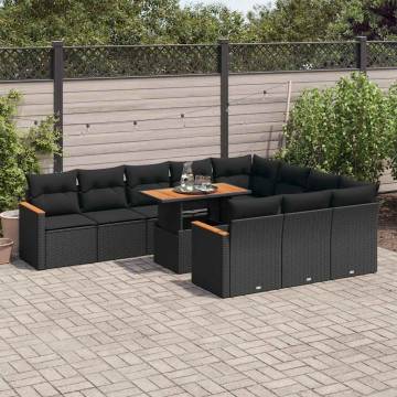 11 Piece Garden Sofa Set with Cushions - Black Poly Rattan