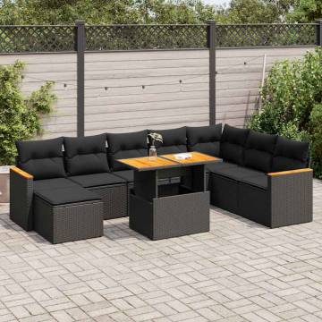 9 Piece Garden Sofa Set with Cushions - Black Poly Rattan