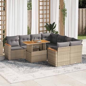 9 Piece Garden Sofa Set with Cushions | Beige Poly Rattan