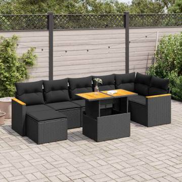 8 Piece Garden Sofa Set with Cushions - Black Poly Rattan