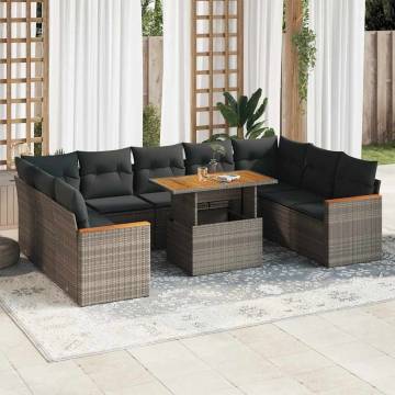 10 Piece Garden Sofa Set with Cushions - Grey Poly Rattan