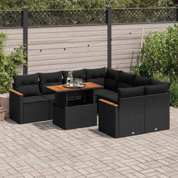 9 Piece Garden Sofa Set with Cushions - Black Poly Rattan