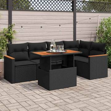 5 Piece Garden Sofa Set with Cushions - Black Poly Rattan