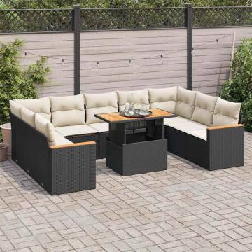 10 Piece Garden Sofa Set - Black Poly Rattan with Cushions