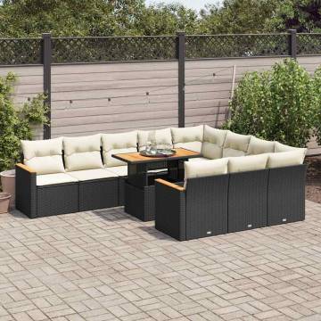 11 Piece Garden Sofa Set - Black Poly Rattan & Acacia Cushions