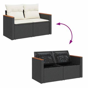 11 Piece Garden Sofa Set - Black Poly Rattan & Acacia Cushions