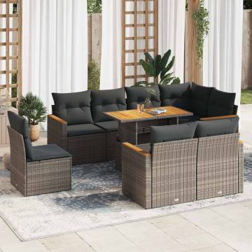 9 Piece Garden Sofa Set with Cushions - Grey Poly Rattan