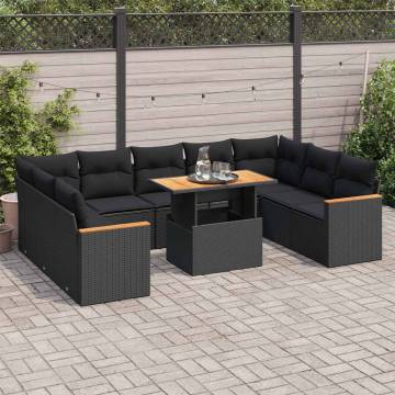 10 Piece Garden Sofa Set with Cushions - Black Poly Rattan