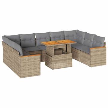 10 Piece Garden Sofa Set with Cushions - Beige Poly Rattan