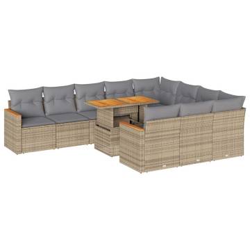 11 Piece Garden Sofa Set with Cushions - Beige Poly Rattan