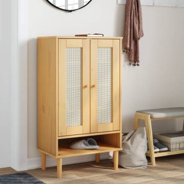 Shoe Cabinet SENJA Rattan Look Brown | Solid Wood Storage