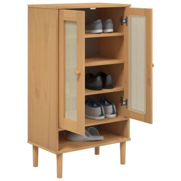 Shoe Cabinet SENJA Rattan Look Brown | Solid Wood Storage