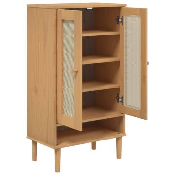 Shoe Cabinet SENJA Rattan Look Brown | Solid Wood Storage