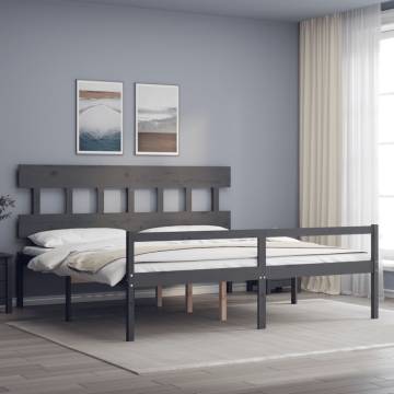 Grey Bed Frame with Headboard - Solid Wood 200x200 cm