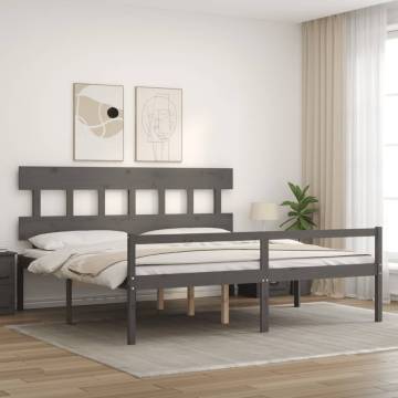 Grey Bed Frame with Headboard - Solid Wood 200x200 cm