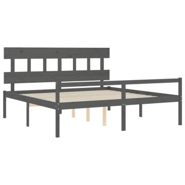 Grey Bed Frame with Headboard - Solid Wood 200x200 cm