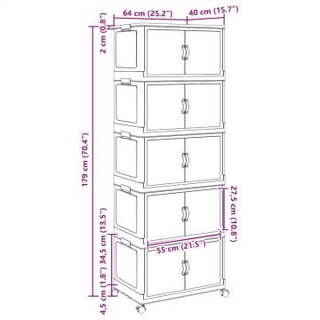 Stackable Storage Box with Wheels - 75L 5-Tier Organizer