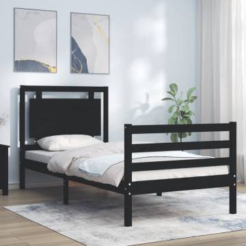 Black Bed Frame with Headboard - 90x200 cm Solid Wood | HipoMarket