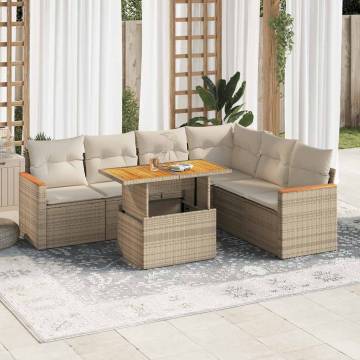 7 Piece Garden Sofa Set with Cushions - Beige Poly Rattan