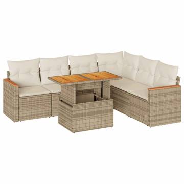 7 Piece Garden Sofa Set with Cushions - Beige Poly Rattan