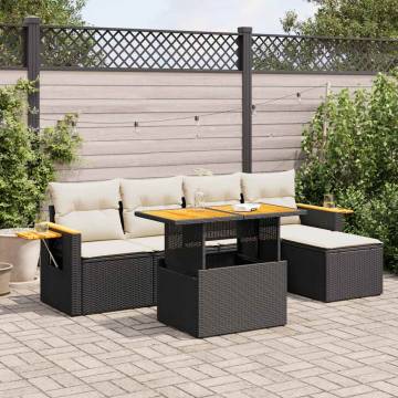 7 Piece Garden Sofa Set - Black Poly Rattan & Acacia