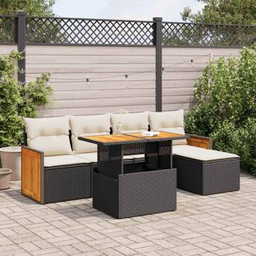 6 Piece Garden Sofa Set with Cushions - Black Poly Rattan