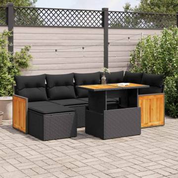 8 Piece Garden Sofa Set - Black Poly Rattan & Acacia Cushions