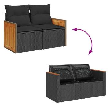 8 Piece Garden Sofa Set - Black Poly Rattan & Acacia Cushions