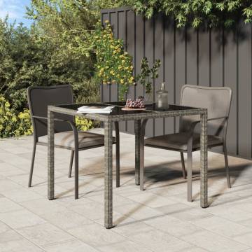 Stylish Grey Garden Table 90x90 cm - Tempered Glass & Rattan