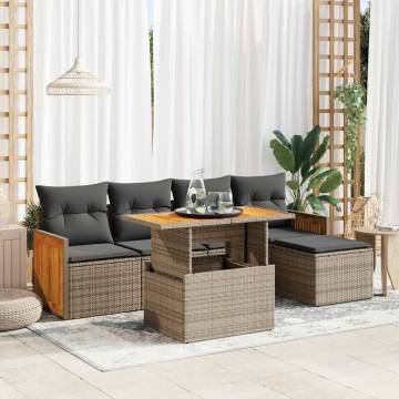 6 Piece Garden Sofa Set with Cushions - Grey Poly Rattan