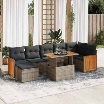 7 Piece Garden Sofa Set with Cushions - Grey Poly Rattan